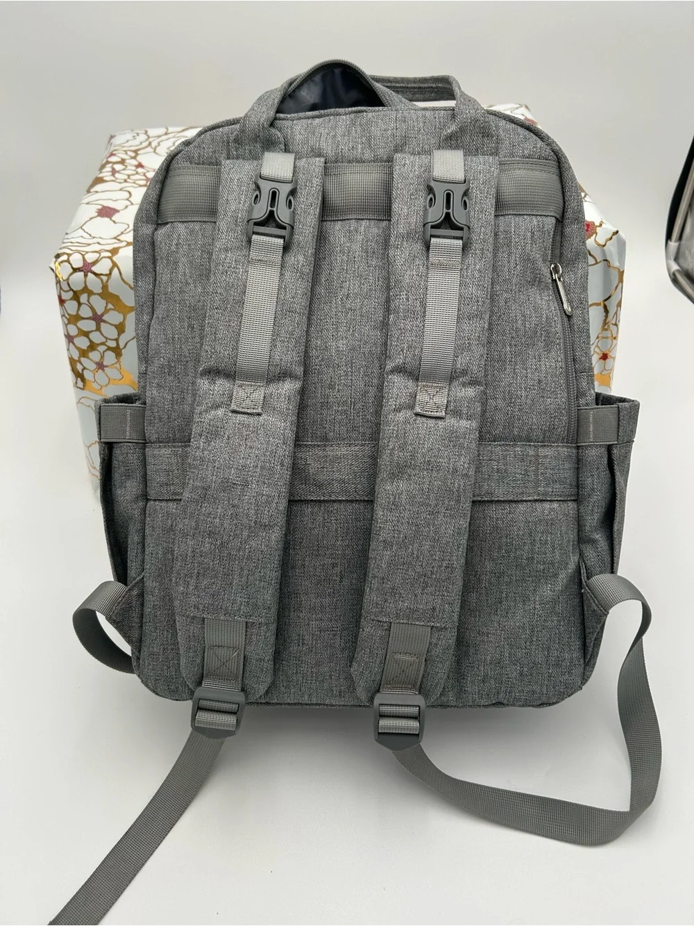 Gray Quilted Baby Bag Backpack with Brown Trim